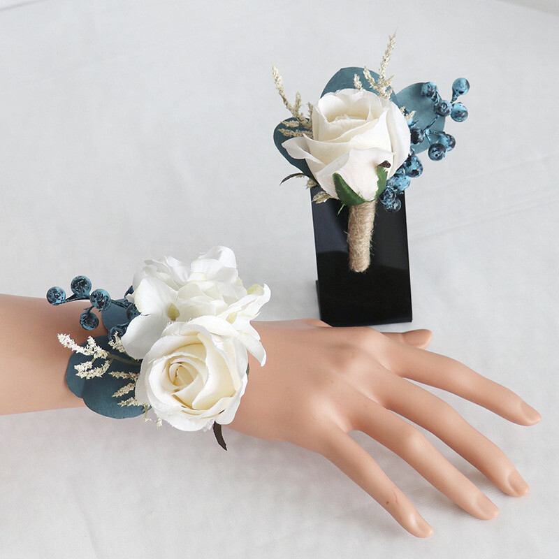 White Rose Corsage and Wristlet with Navy Teal and Blue Accents