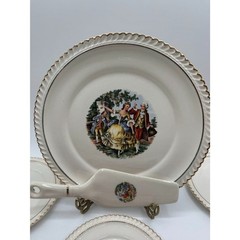 Harker Pottery Co Colonial Scene Cake Plate Server 7 plates USA 1952 22kt gold