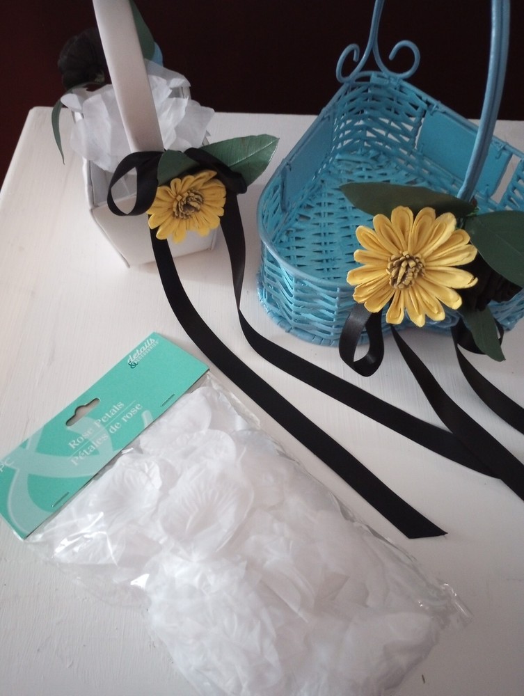 wedding: 2 flower girls baskets with Sola wooden sunflowers & roses.plus 2 packs