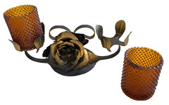 Pair 1970’s 2 Votive Candle Holders Amber Glass with Wrought Iron/Steel Roses