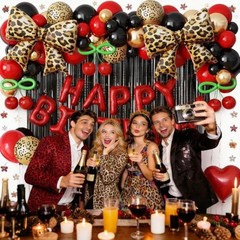 Red Black Cheetah Print Birthday Decorations Balloons Kit, 112Pcs Red Black