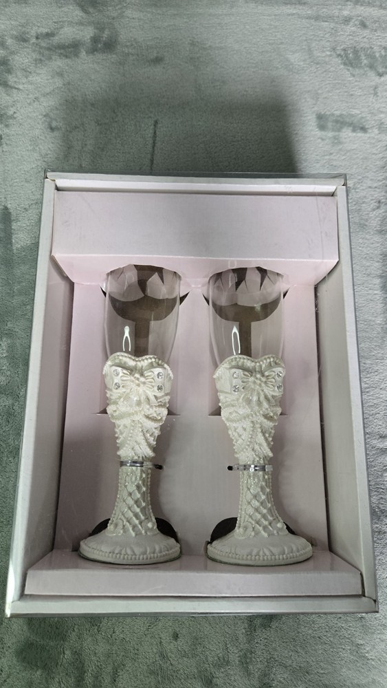 Wedding Champagne Toasting Flute Glasses with Bling Bow/Pearls Glitter Stems New