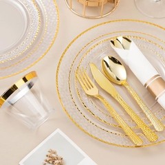 Gold 50-Piece Clear Plastic Plates with Trim for 50 Guests