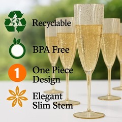 Oojami 6 Oz Gold Glitter Plastic Champagne Glasses 24 Pack 6 oz,