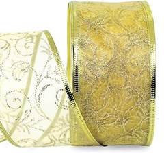 Gold Wired Ribbon Sheer Glitter Organza 2.5 in Ribbon Gold ( 2.5 in x 50 yd )