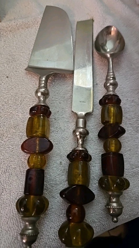 Cake Server Set & Ice Cream Scoop w/ Glass Bead Handles Vintage ~ India