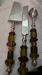 Cake Server Set & Ice Cream Scoop w/ Glass Bead Handles Vintage ~ India