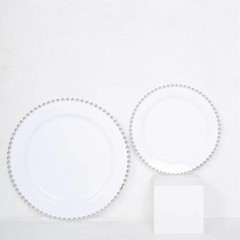 WHITE SILVER 10 Round 10″ Plastic Salad PLATES Beaded Rim Party Events