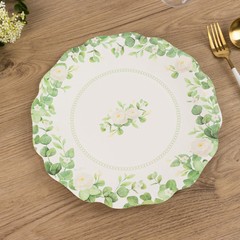 25 WHITE GREEN Floral Greenery Dessert Paper Plates with Scalloped Edge