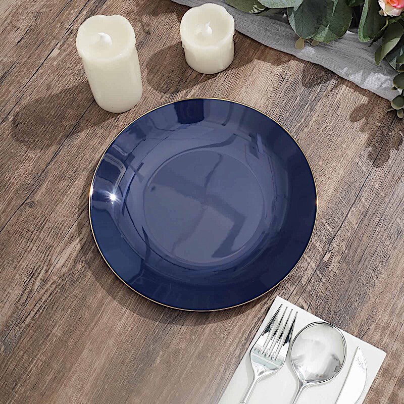 NAVY BLUE 10 Glossy 8″ Round Plastic Salad PLATES Gold Rim Party Events