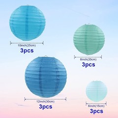 Hanging Paper Lanterns, 12 Pcs Round Chinese Decor, Home Party Wedding, Blue