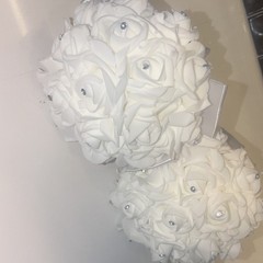 Artificial White Rose Wedding Bouquet 9in w/ Satin Ribbon Handle & Rhinestones