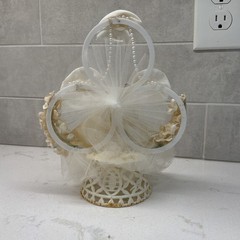 Vintage MCM Wedding Cake Topper with Bride & Groom, Flowers, Lace Ivory