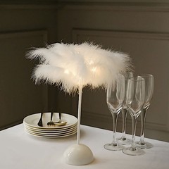 15″ WHITE Feather DESK LAMP Decorative LED Light Table Centerpiece Party Home