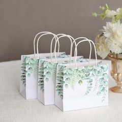 12 WHITE GREEN Eucalyptus Paper Gift Bags with Handles Party Favors Supplies