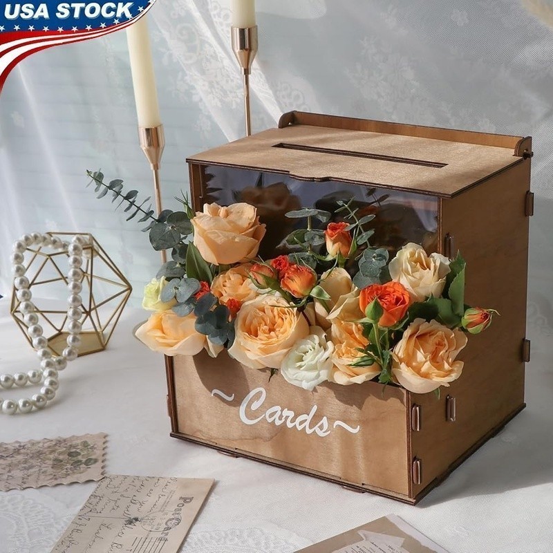 Wedding Card Box W/ Flower Trough Durable Wooden Gift Box Parties Events New