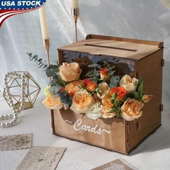 Wedding Card Box W/ Flower Trough Durable Wooden Gift Box Parties Events New