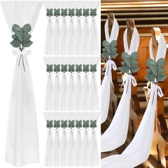 48 Sets White Chiffon Chair Sashes with Ribbon Bows & Eucalyptus for Wedding Ais