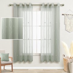 Window Curtain Sage Green Sheer Pompom 52×63 Kids Bedroom Living Room Panel Pair