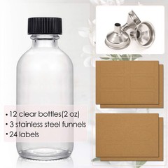 12 Pack, 2 oz Small Clear Glass Bottles w/Lid & 3 Funnels – 60ml Boston
