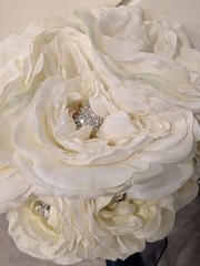 Artificial Bridal Bouquet – White Peony with Sparkles & Navy Blue Ribbon Handle