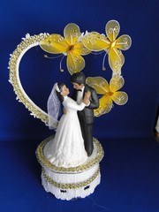 New Medium Dark skin Bride & Groom Wedding CakeTop, gold decor & heart, #341