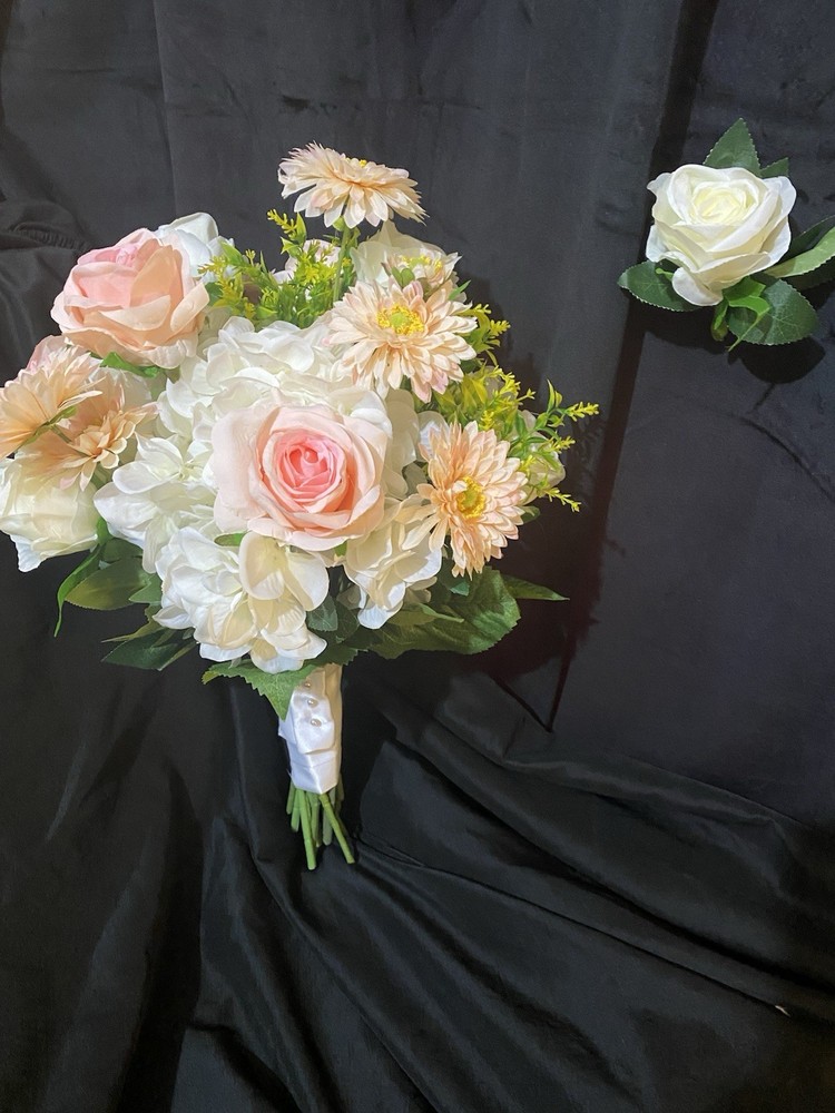 White, Pink And Champagne Pink Wedding Bouquet With Matching Boutonnière.