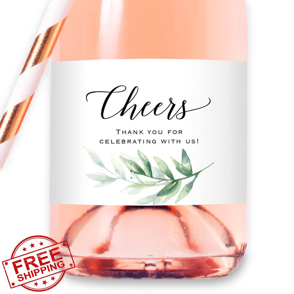 Mini Champagne Bottle Labels Green Watercolor Leaves 12 Pack Party