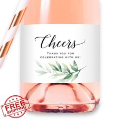 Mini Champagne Bottle Labels Green Watercolor Leaves 12 Pack Party
