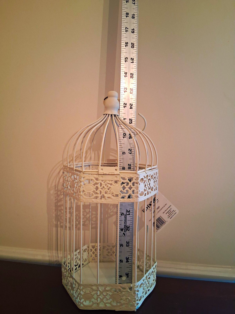White Metal Birdcage Wedding Card Box, Decorative Hinged Lid, 13 in