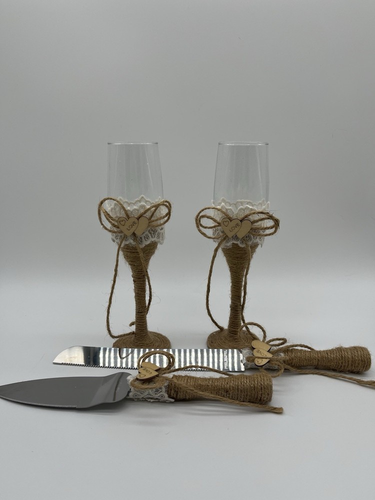4 Pcs Set Rustic-Style Wedding Cake Knife and Server Set with Champagne Glasses