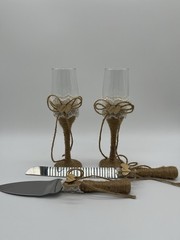 4 Pcs Set Rustic-Style Wedding Cake Knife and Server Set with Champagne Glasses