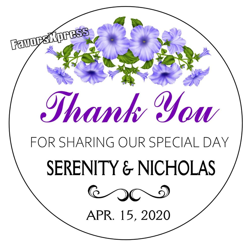 PURPLE FLOWERS PETUNIAS WEDDING FAVORS STICKERS THANK YOU LABELS BRIDAL SHOWER