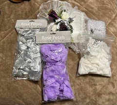 Wedding Ring Pillow & Rose Petals (white, purple & silver) with Diamond Confetti