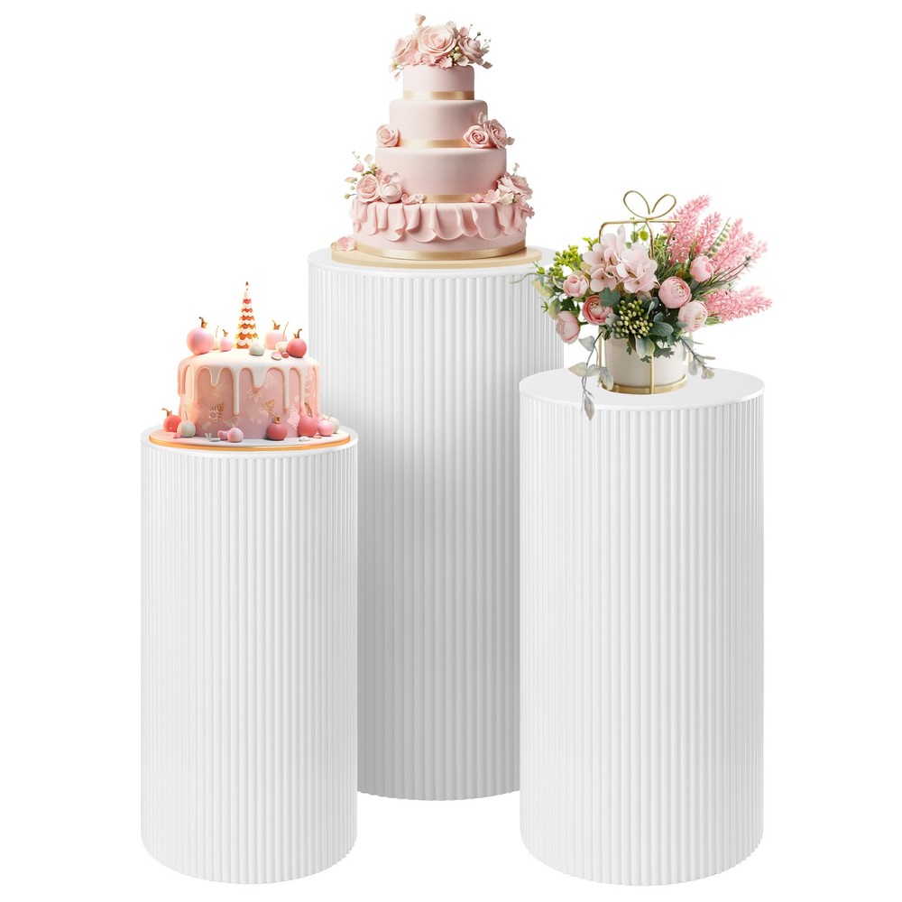 3Pcs Cylinder Pedestal Stands Metal Fluted Dessert Display Pillars for Wedding
