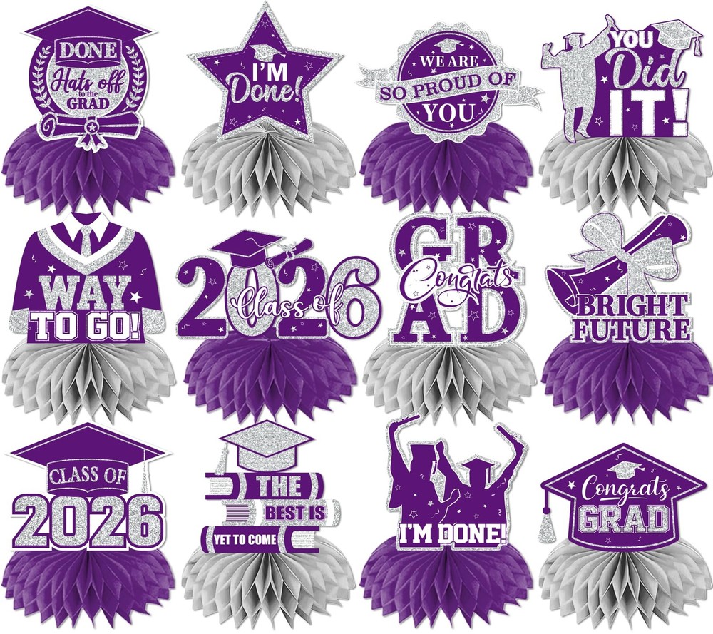 12pcs Graduation Table Decorations 2026, Purple and Silver