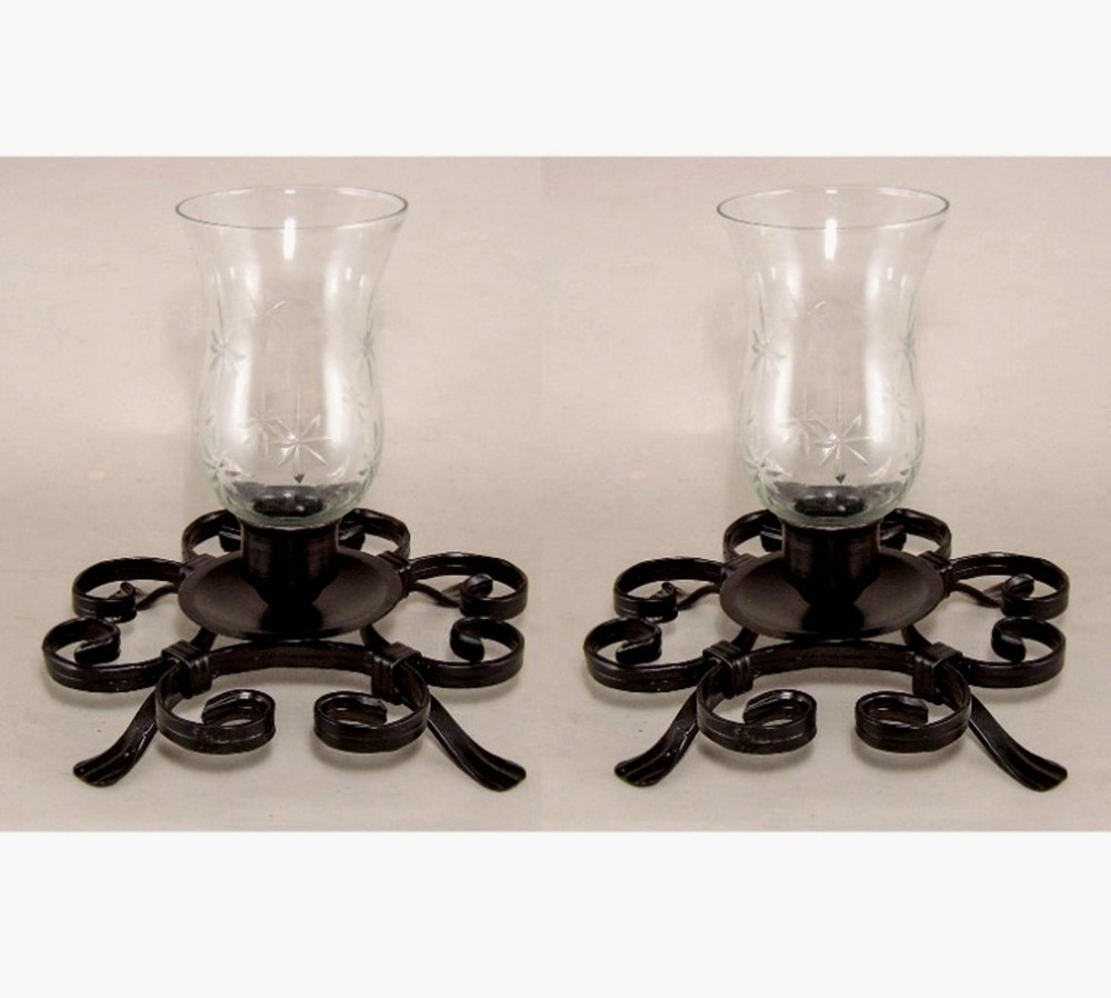 Candle Holders Wrought Iron Black Cut Glass Shades 9.5″W 9″High Set/2