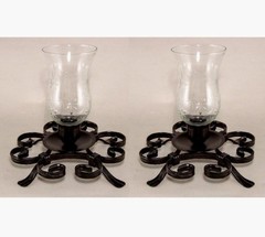 Candle Holders Wrought Iron Black Cut Glass Shades 9.5″W 9″High Set/2