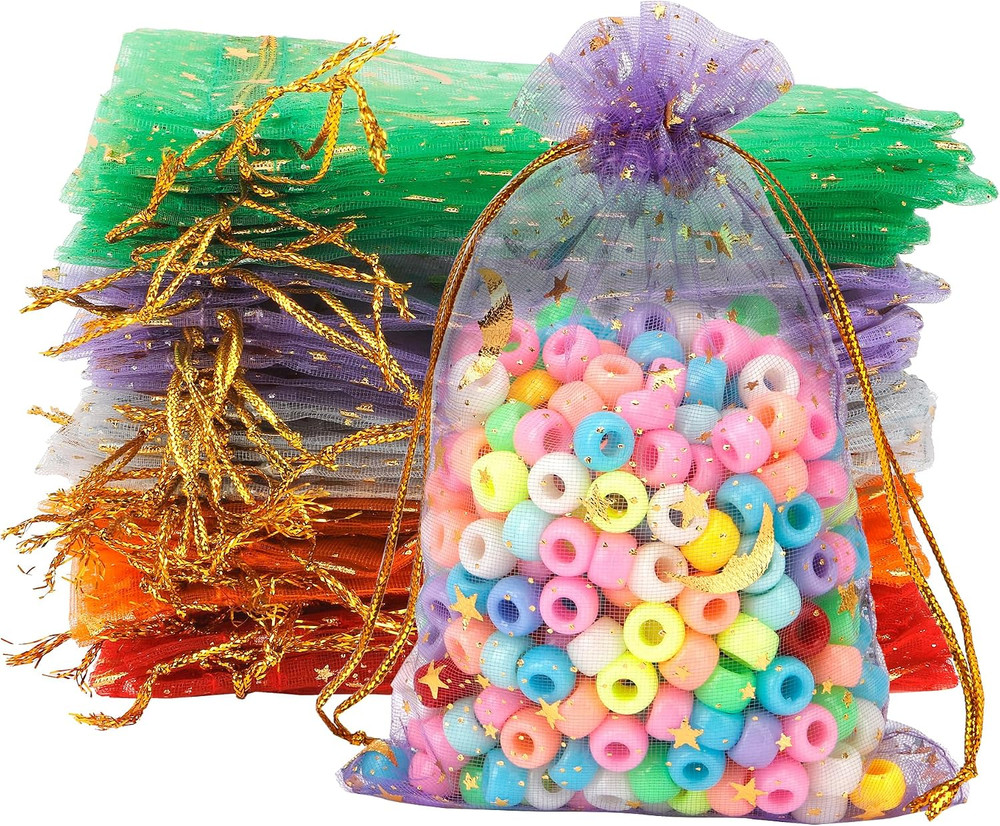 Moon Star Organza Bags 4X6, 50 Pcs Mesh Drawstring Gift Pouches for Wedding