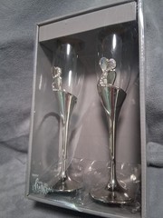 Wedding Champagne toasting Flutes His and Hers New In Box Set of 2 Silver