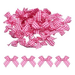 50Pcs Mini Gingham Ribbon Bow Checkered Ribbon Flower Bows Deep Pink and White