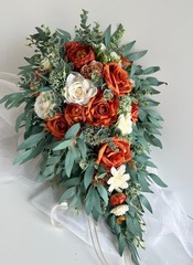 Cascading Wedding Bouquet Bunt Orange Rust Ivory Eucalyptus Gum Autumn Cascade