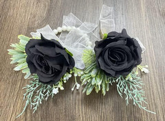 Black Rose Wrist Corsage and Boutonniere Set for Weddings and Prom Events