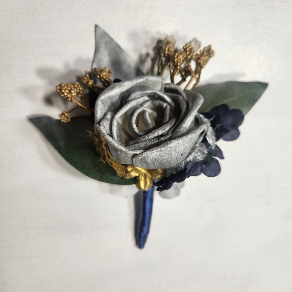 Navy Blue Silver Gold Rose Calla Lily Sola Wood Bridal Wedding Bouquet Accessori