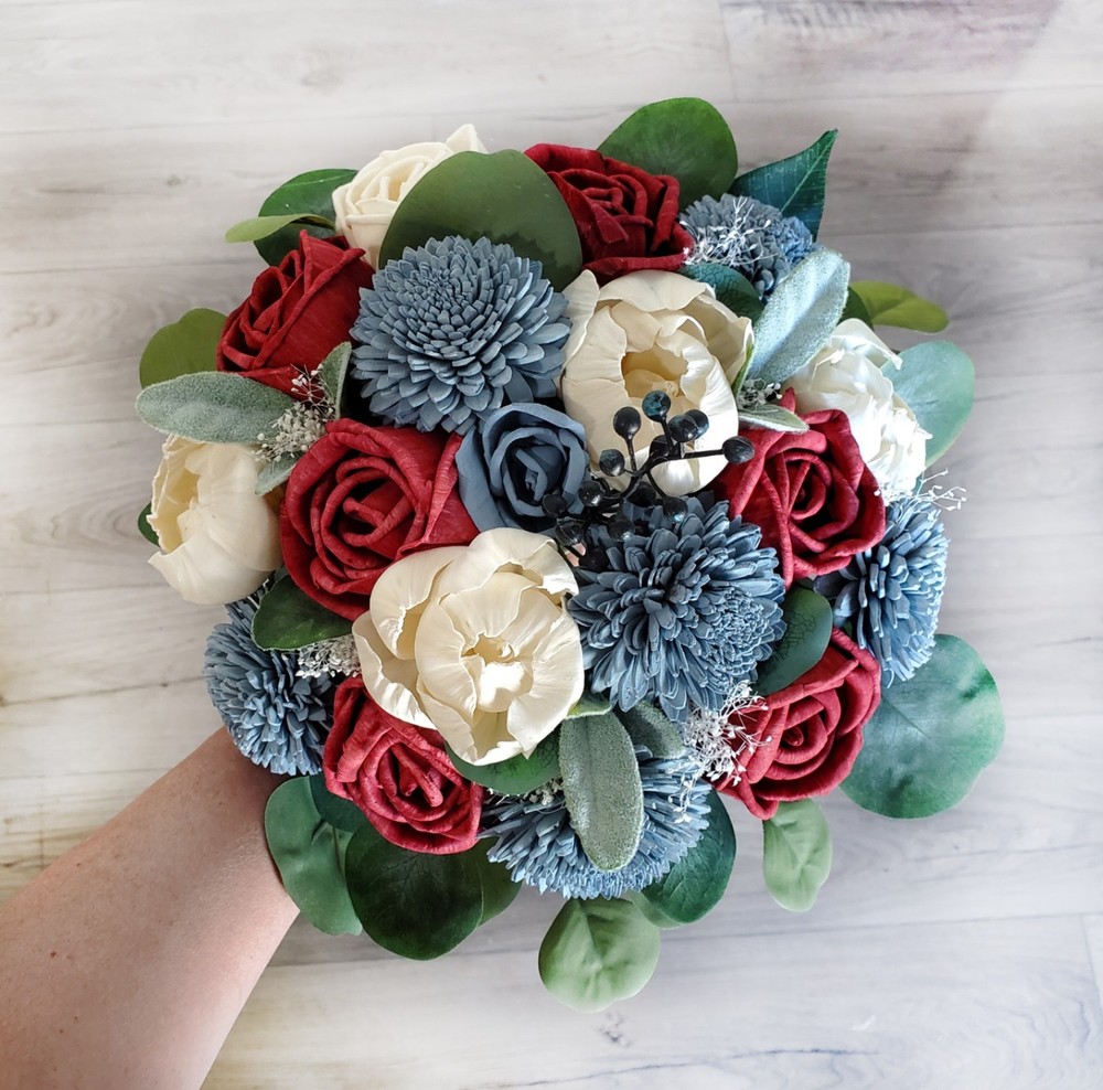 Red & Dusty Blue Bridal Bouquet: Sola Wood Bridesmaid Wedding Flowers