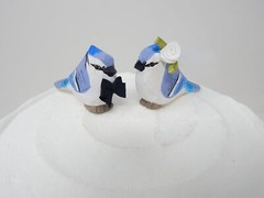 Blue Jay Bird Cake Topper Bride Groom Love Wedding Engagement Carved Wood Statue