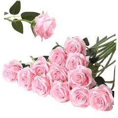 12PCS Artificial Silk Flowers Realistic Roses Bouquet Long 12Pcs Flowers Pink