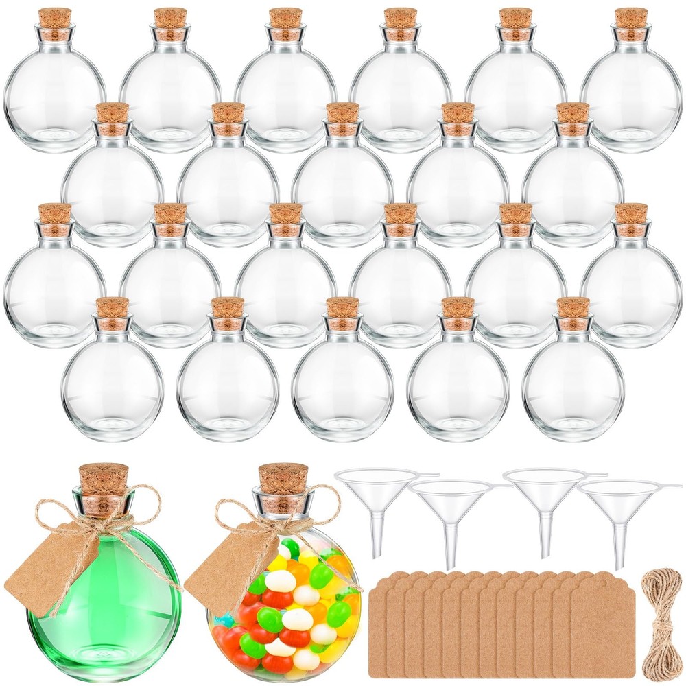 Baderke 24 Sets 5 oz Mini Glass Bottle with Cork Lids Round Small clear