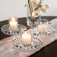 6 Clear Glass Pillar Candle Holder Plates Beaded Rims Party Events Supplies