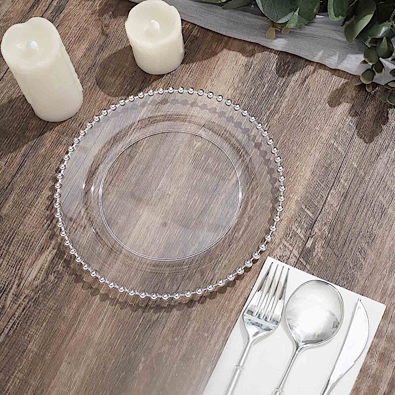 CLEAR SILVER 10 Round 8″ Plastic Salad PLATES Beaded Rim Party Events